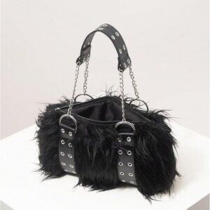 Faux Fur Grommet Eyelet Shoulder Bag